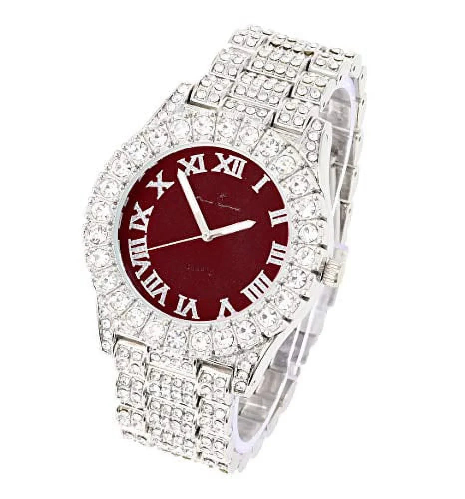 '- Blinged Burgundy) Big Charles Bracelet Numerals ST10327LA Hop Roman Rocks Dial Bezel - Iced Women's Out Set Fully with Hip Tennis Wristwatch Colored Raymond and Silver Out Sparkling (TLA