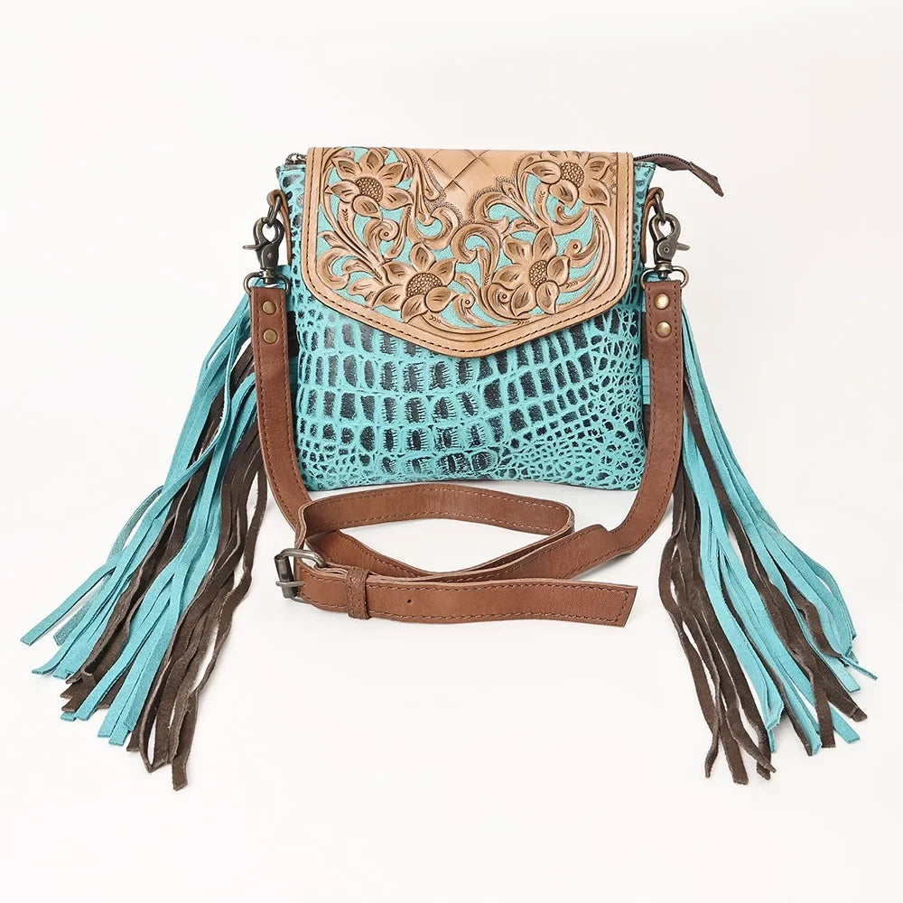 Hand Embossed women OHLAY handbag Crocodile Leather purse Tooled KB MESSENGER western bag Genuine