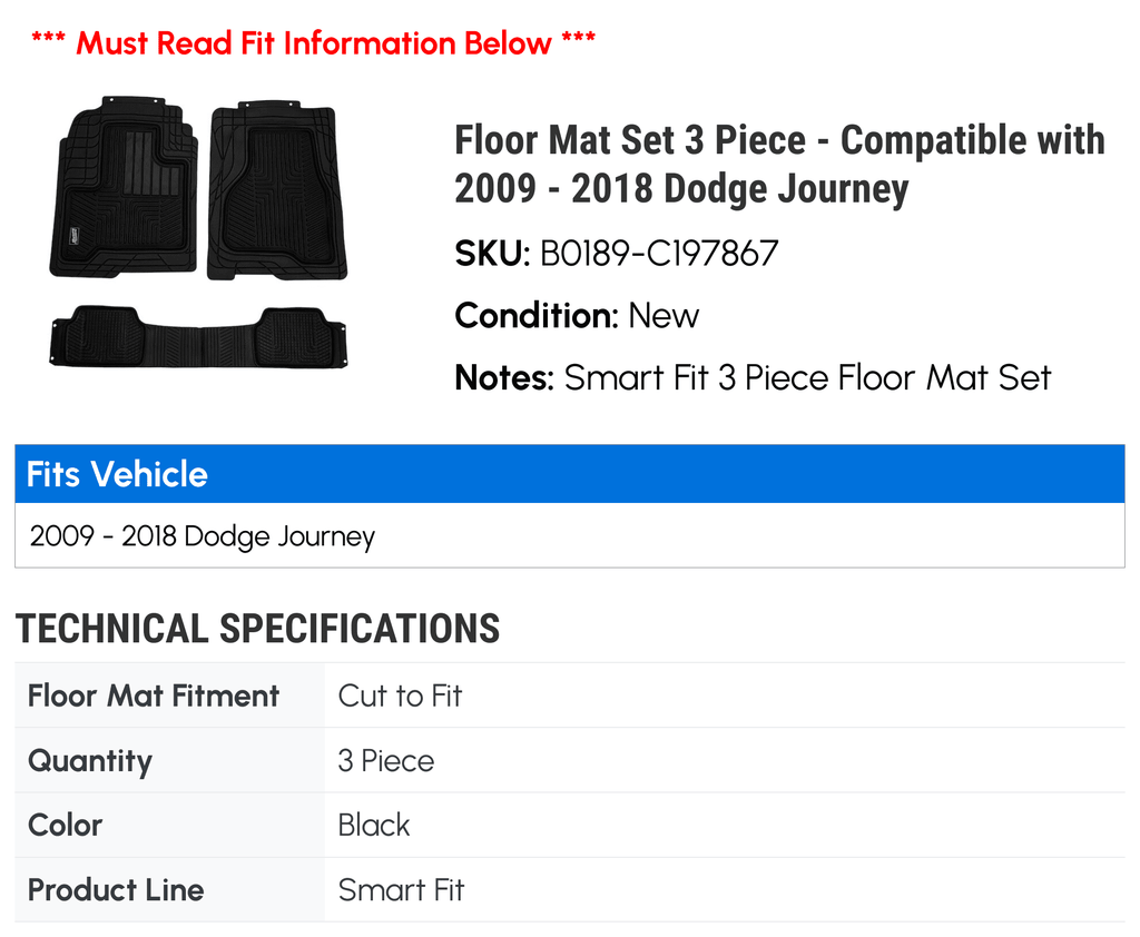 2014 2016 - 2009 2017 with 2018 2015 Piece 2012 - Floor 2013 Mat Set Journey Dodge 2011 Compatible 3 2010