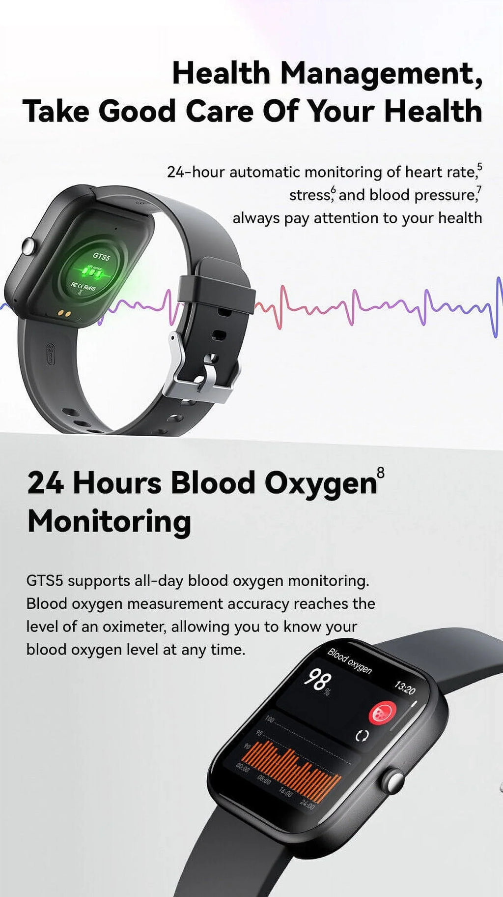 iOS GTS5 Fitness Smart Pressure Women Tracker for Blood Black and Watch Men Android