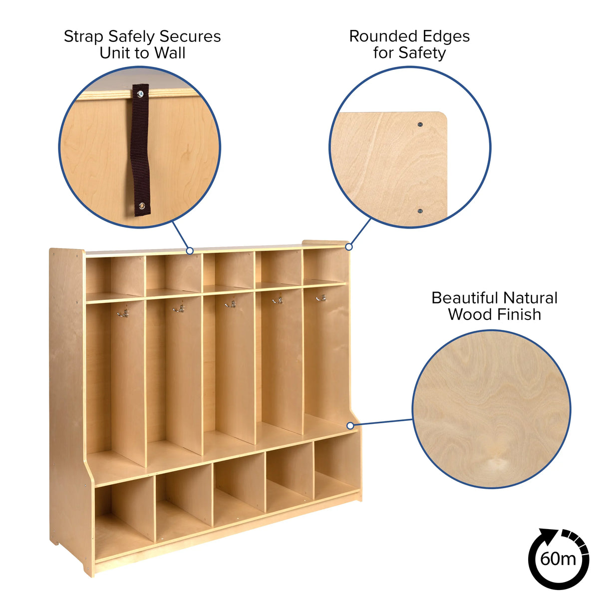 5 Design BizChair Locker Cubbies, Wooden Friendly and Storage Organizer Bench, 48"H School Coat 48"L - with Kid x Section Hook-Safe, (Natural)