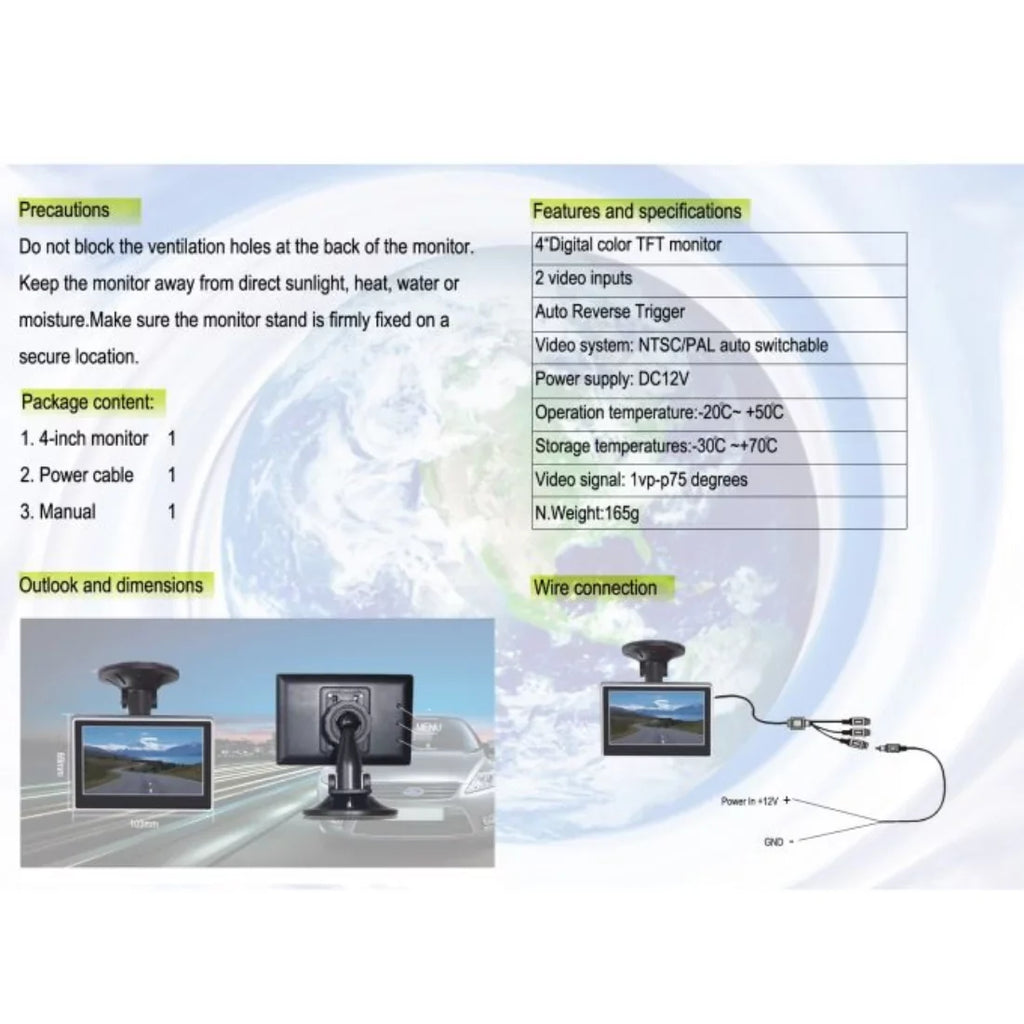 Monitor Vision Mount VTM4000 Camera TFT-LCD - Back-Up 4" Color Dual Digital Boyo