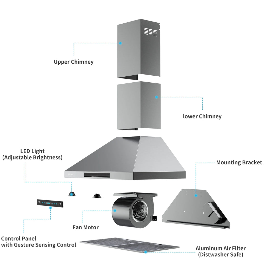 with HisoHu Stainless Vent CFM Kitchen Mount 4 Convertible Range Speed LED Hood Hood Inch Hoods Gesture Duct, Steel lights(A02-36") Ducted/Ductless 780 Dimmable Hood, Sensing Exhaust 36 with Wall