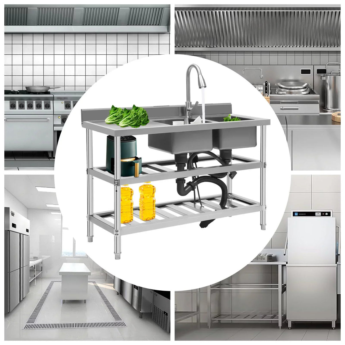 Stainless Sink Utility Kitchen with Steel and Cold Double Sink, Bowl Faucet Hot Wuzstar High Commercial