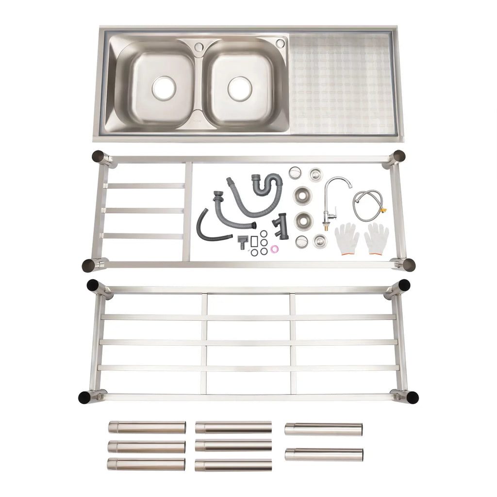 Sink Double Sink Prep Utility Basin Restaurant Aiqidi & Freestanding Bowl Kitchen with Steel Commercial Faucet+Drainpipe Stainless