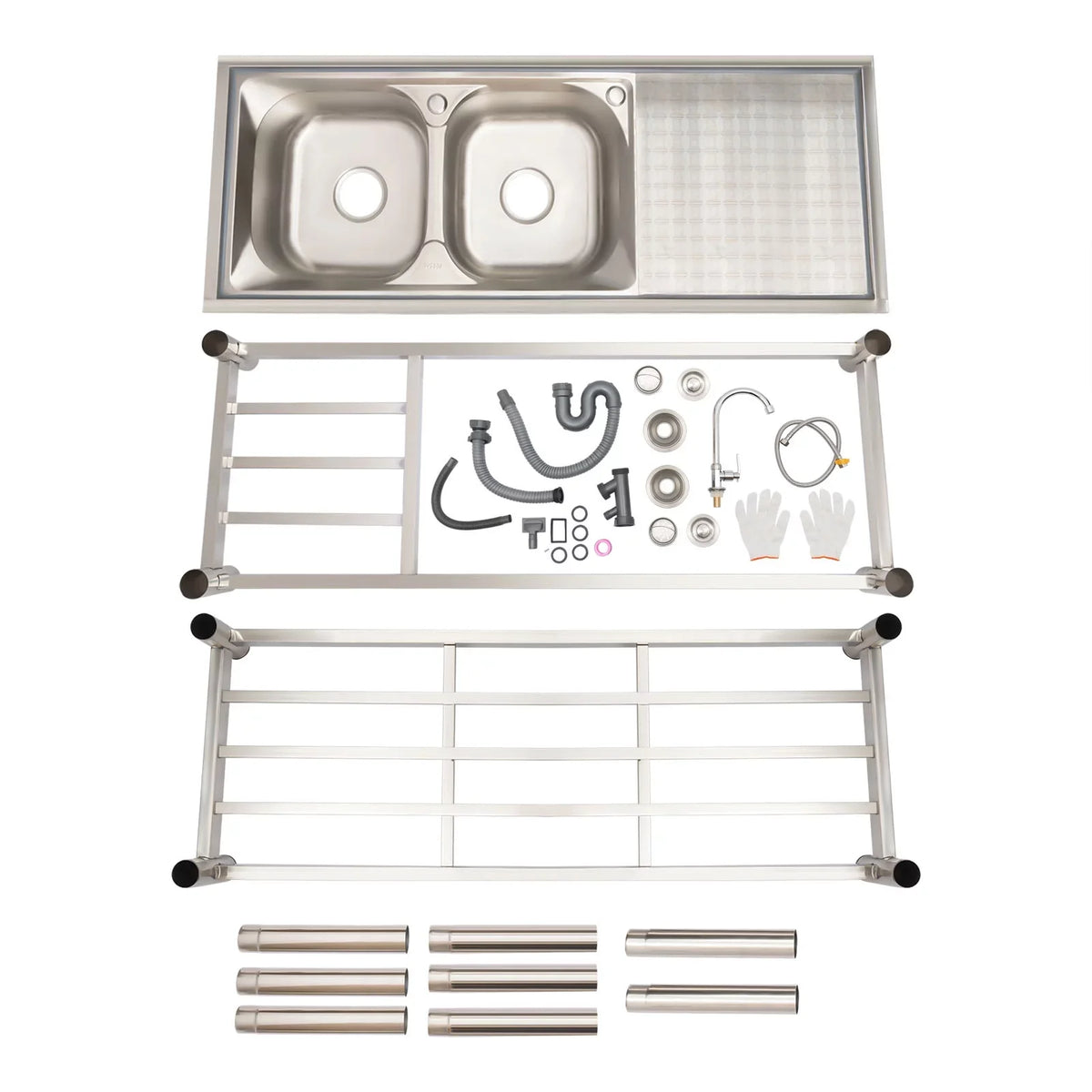 Sink Double Sink Prep Utility Basin Restaurant Aiqidi & Freestanding Bowl Kitchen with Steel Commercial Faucet+Drainpipe Stainless