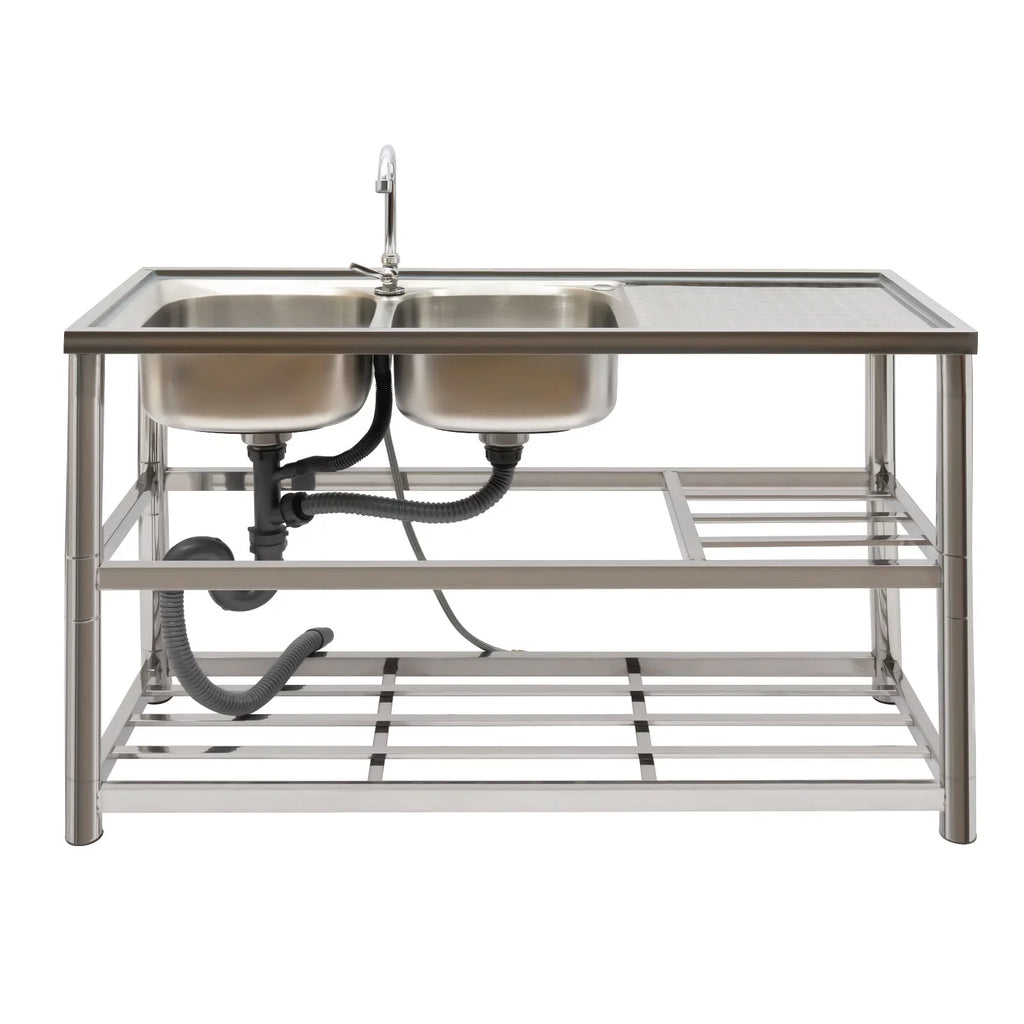 Sink Double Sink Prep Utility Basin Restaurant Aiqidi & Freestanding Bowl Kitchen with Steel Commercial Faucet+Drainpipe Stainless