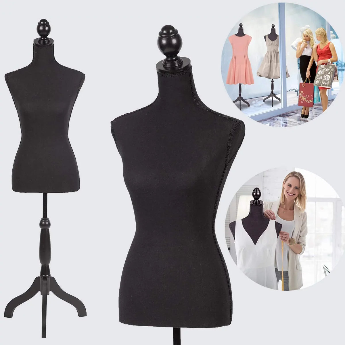 Body Form Black with Wooden Adjustable Height Female Mannequin Dress Model Inch Torso 60-67 Tripod Base, NiamVelo