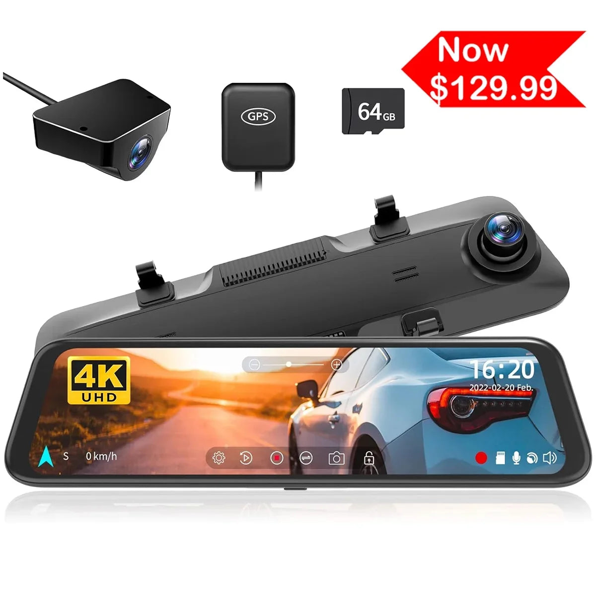 Mirror Dash & and Port GPS, Cameras 12'' Vision, 4K 1080P Vehicle, USB Front Super Rear with Rear WOLFBOX 64GB Cam, Dash Car Card C Night Free View