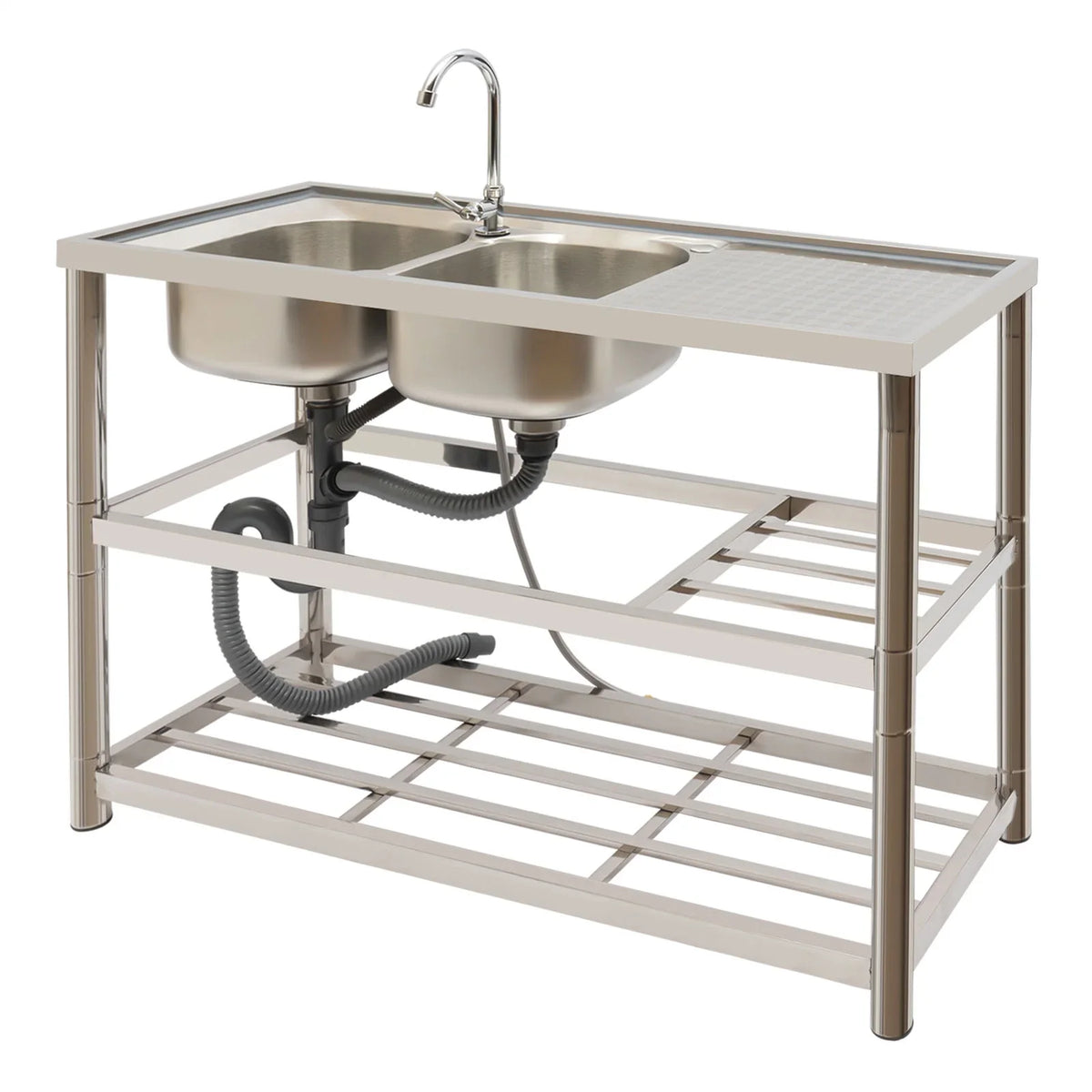 Sink Double Sink Prep Utility Basin Restaurant Aiqidi & Freestanding Bowl Kitchen with Steel Commercial Faucet+Drainpipe Stainless