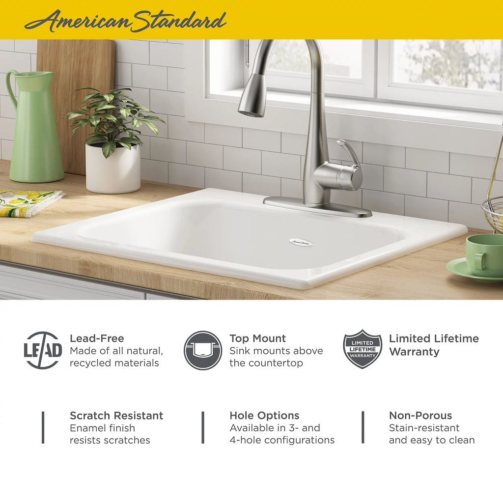 25 Quince Iron 3-Hole Kitchen Brilliant in White Sink Single Bowl Cast Standard in. American Drop-in