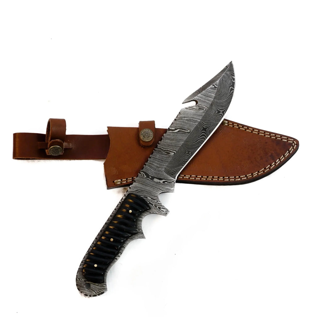 Damascus Steel Knife- Knife Outdoors- - High Bowie Hunting Blade- Carbon 12