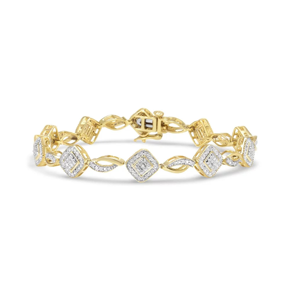 7.25" Clarity) Swirl Square Yellow 1/4 and Cttw I2-I3 Bracelet Alternating (I-J Diamond Color, Art Deco Link .925 Plated 10K Gold Sterling Silver