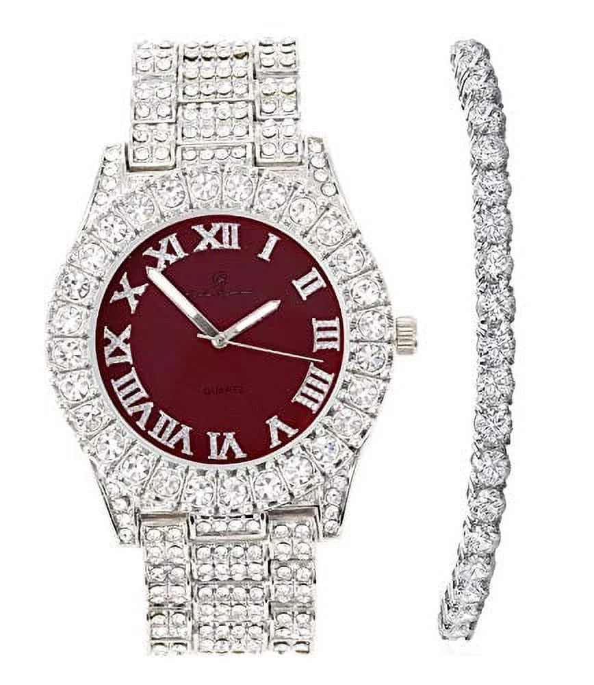 '- Blinged Burgundy) Big Charles Bracelet Numerals ST10327LA Hop Roman Rocks Dial Bezel - Iced Women's Out Set Fully with Hip Tennis Wristwatch Colored Raymond and Silver Out Sparkling (TLA