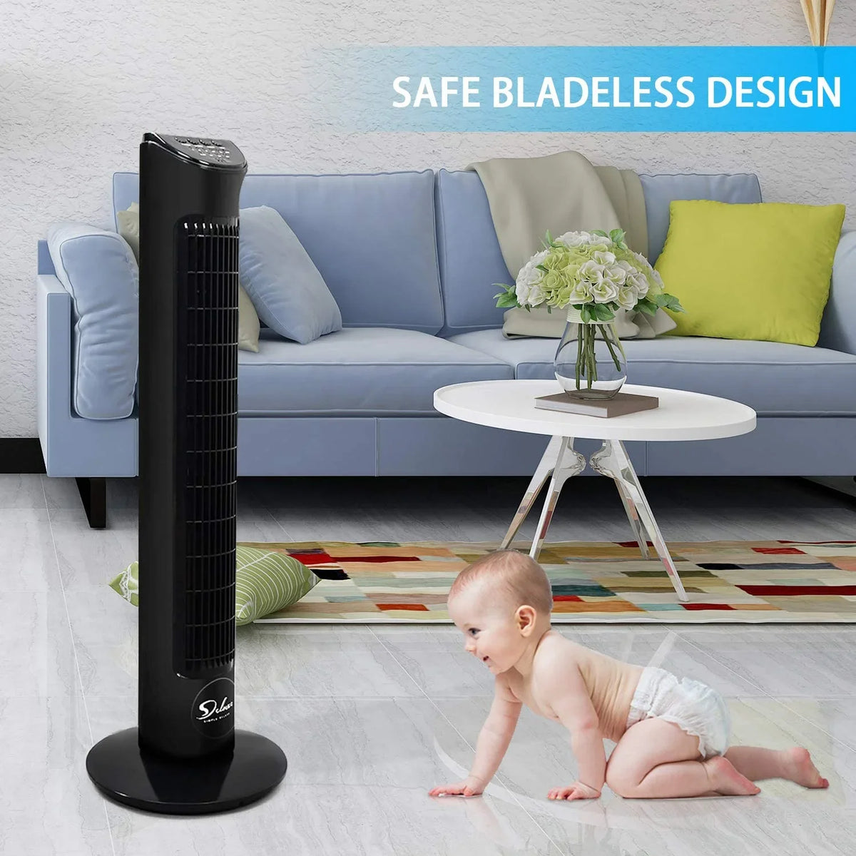 32"Tower Simple Oscillating Black Floor Bladeless with 90° Standing Fan Speeds, Remote, Fans, 4 Fan, with Deluxe Fan