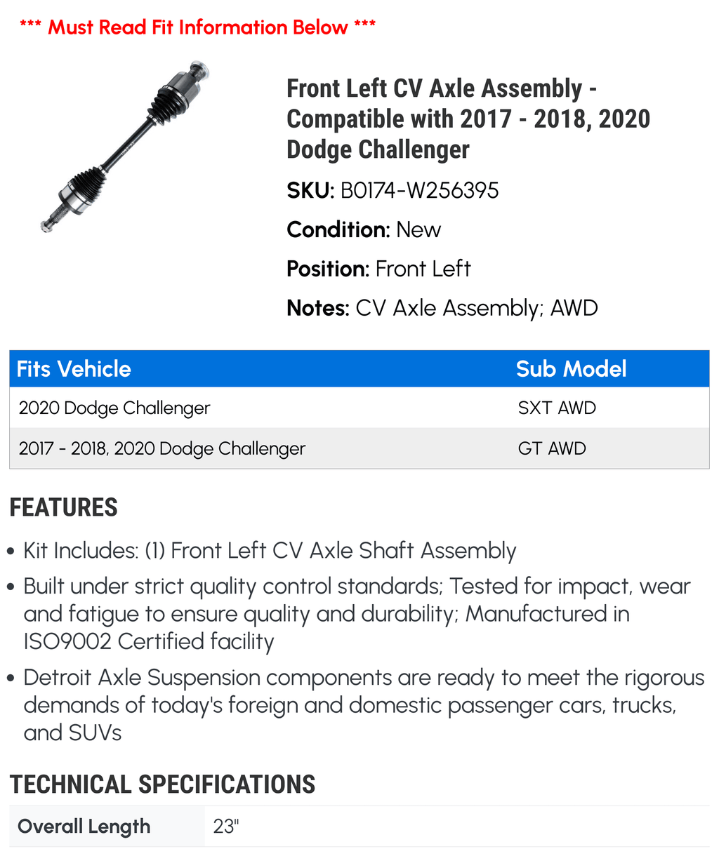 '- with 2018, Left Front CV Dodge 2017 Axle - 2020 Compatible Challenger Assembly