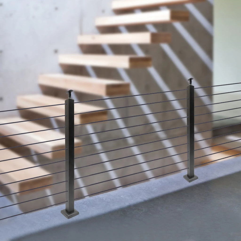Two Concrete Post Railing Level System Sides Steel Cable Wood Deck Level Railing Pre-Drilled Post Square 36''x2''x2'' Stainless Cable Fence for