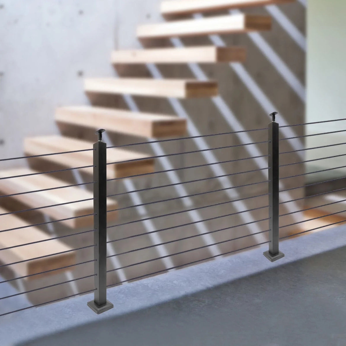 Two Concrete Post Railing Level System Sides Steel Cable Wood Deck Level Railing Pre-Drilled Post Square 36''x2''x2'' Stainless Cable Fence for