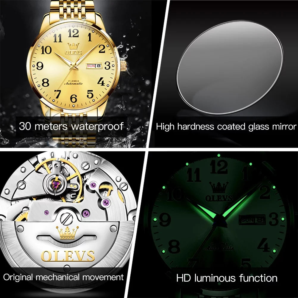 Winding Large Self Para Face Men Wristwatch for Gifts OLEVS Hombre, Numerals Dial Waterproof Easy Adult for Watch Male Reader Reloj Men, Gold Arabic