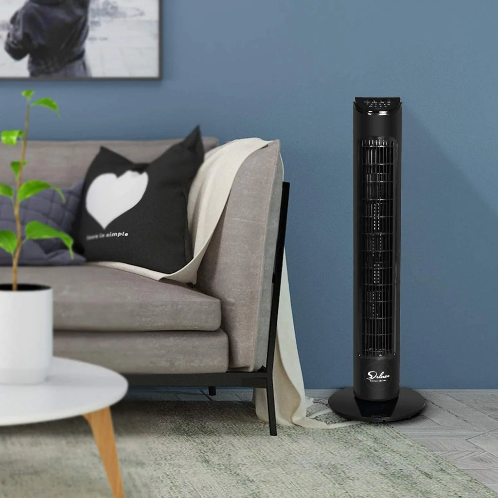 32"Tower Simple Oscillating Black Floor Bladeless with 90° Standing Fan Speeds, Remote, Fans, 4 Fan, with Deluxe Fan