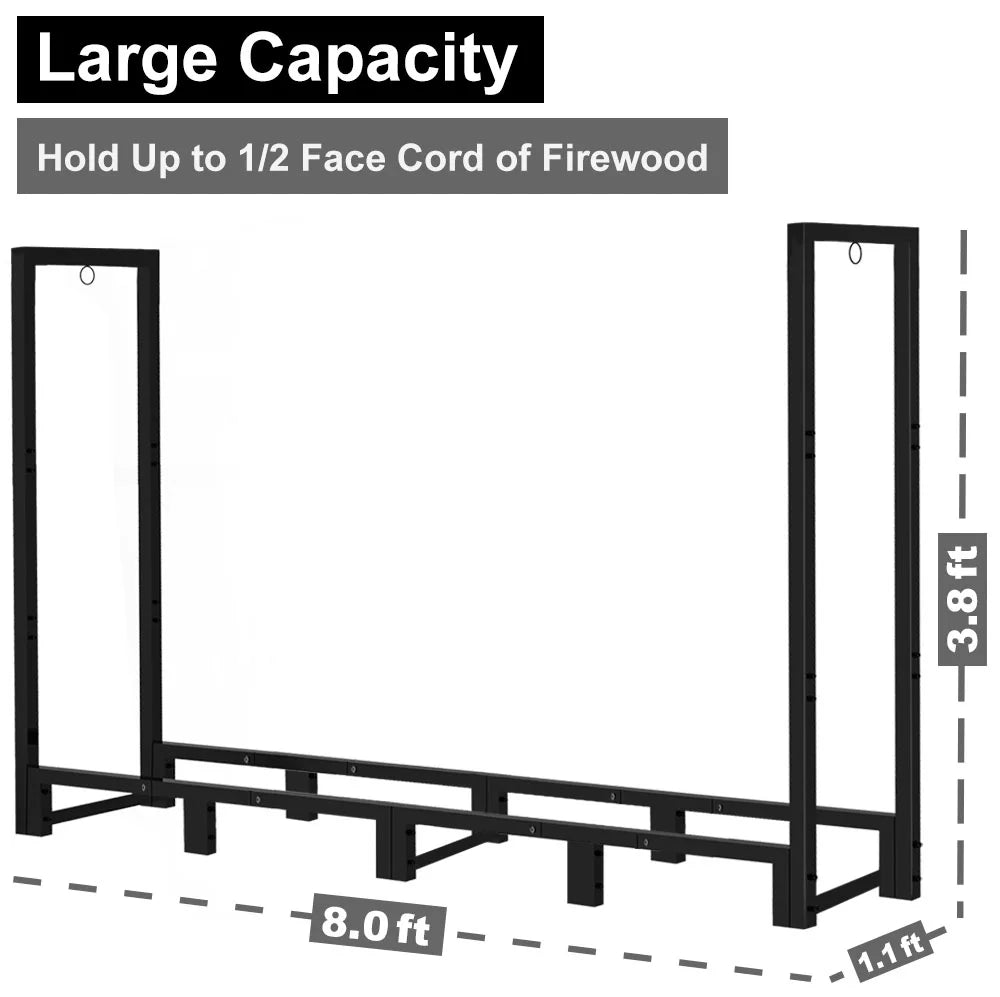 Stand, Fire 8Ft Outdoor Log Fireplace Rack for Wood Stacker Black Koutemie Storage, Holder Adjustable Firewood