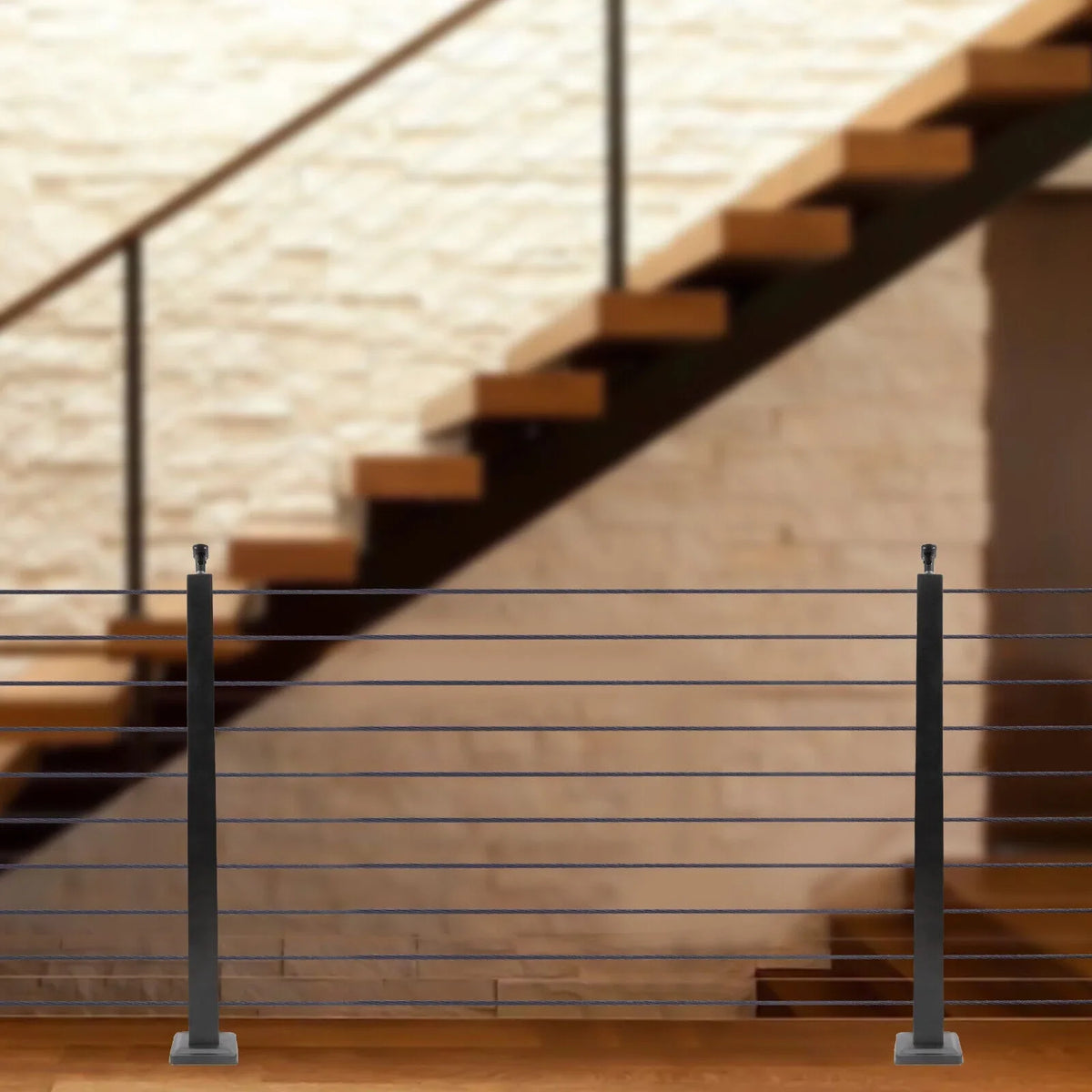 Two Concrete Post Railing Level System Sides Steel Cable Wood Deck Level Railing Pre-Drilled Post Square 36''x2''x2'' Stainless Cable Fence for