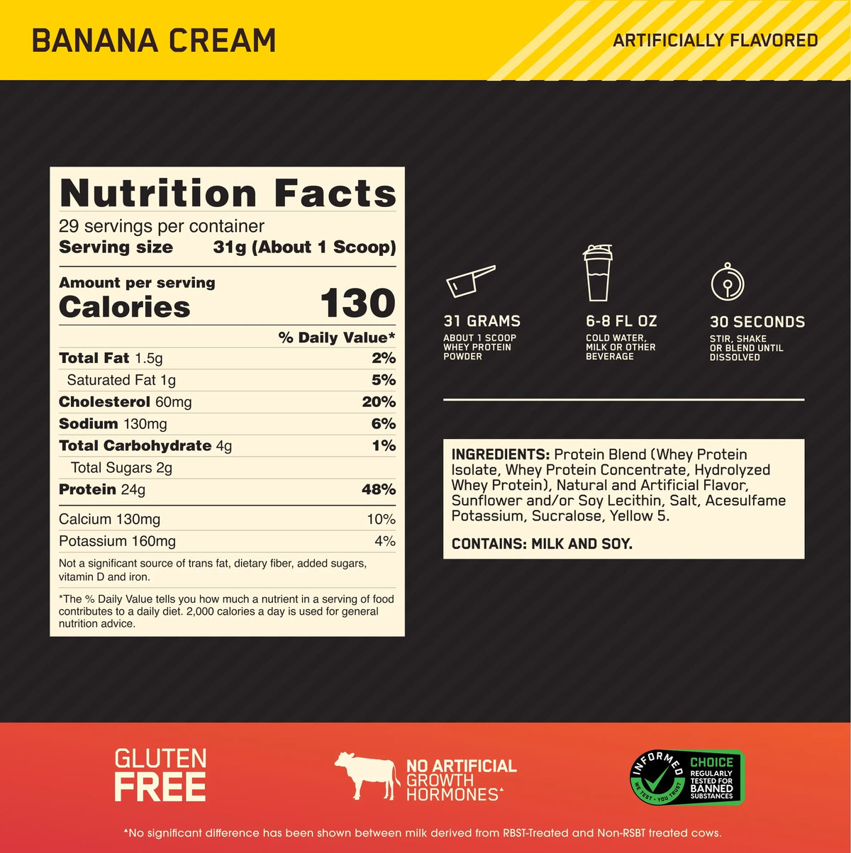 Protein 2 Servings Optimum Cream, Banana Whey 100% Gold Standard Nutrition, 29 lb, Powder,