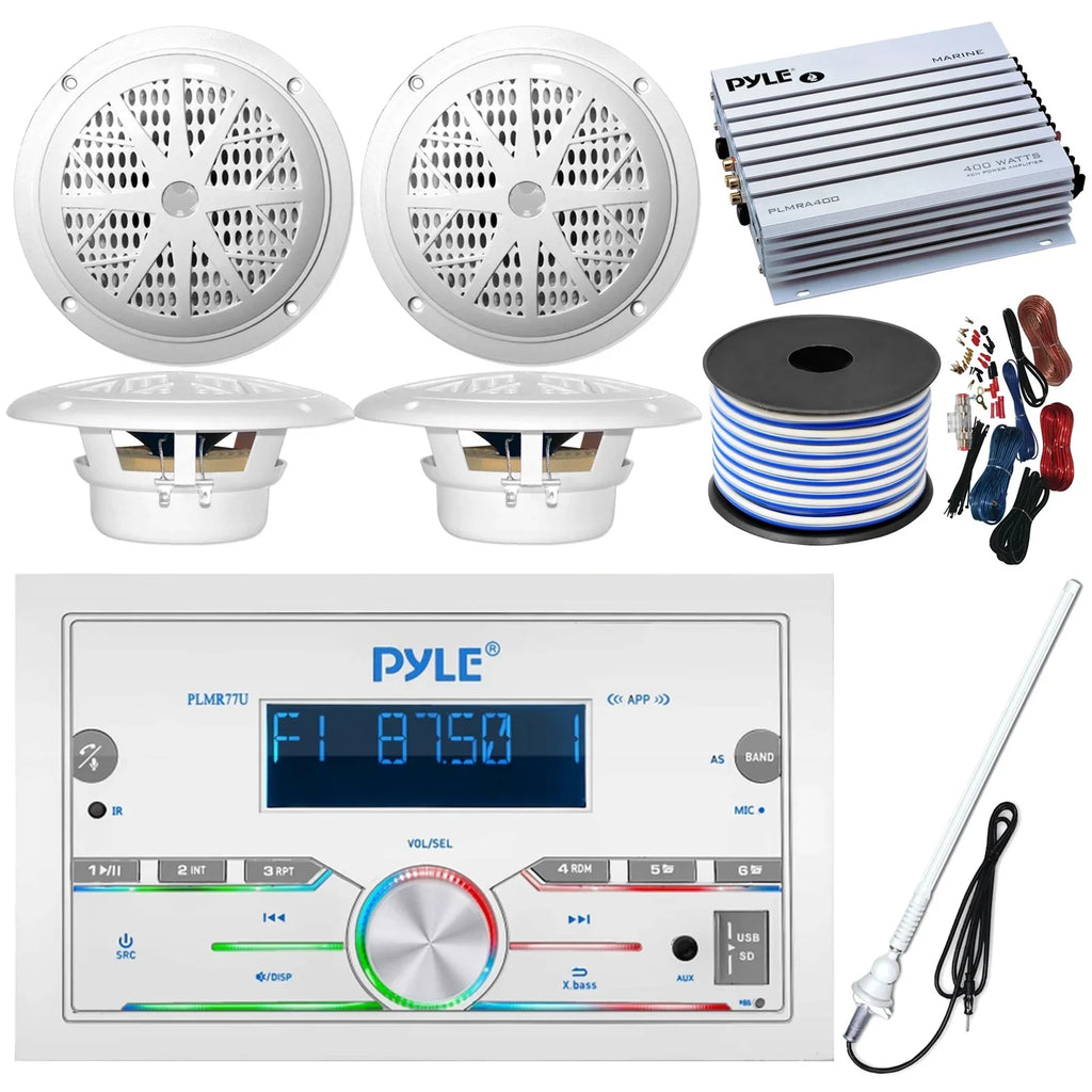 Speaker Wire, Receiver, Bundle: Amplifier, DIN Kit, Antenna 4x Gauge 4-Channel Pontoon Double White Installation Boat Bluetooth Speakers, FT Audio Amp Waterproof Radio 50 18 6.5'' 21-29' Marine Pyle