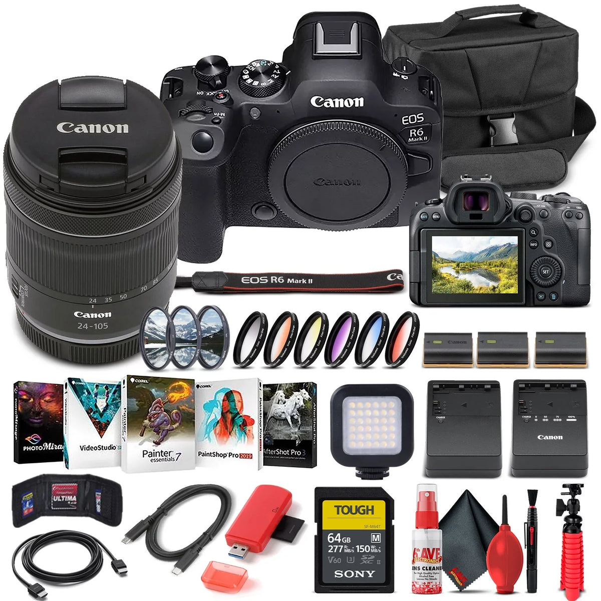 '+ f/4-7.1 LED Charger 64GB (5666C018) Software Photo + Light Case More x Corel Card + Mirrorless Memory LPE6 R6 2 + + Reader Canon Camera Lens EOS Battery 24-105mm II Mark + + Card External with +