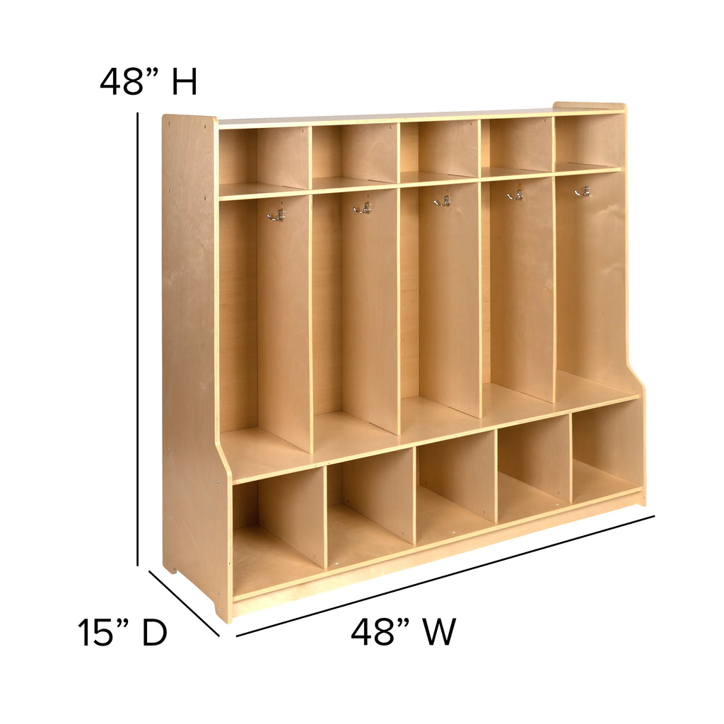 5 Design BizChair Locker Cubbies, Wooden Friendly and Storage Organizer Bench, 48"H School Coat 48"L - with Kid x Section Hook-Safe, (Natural)