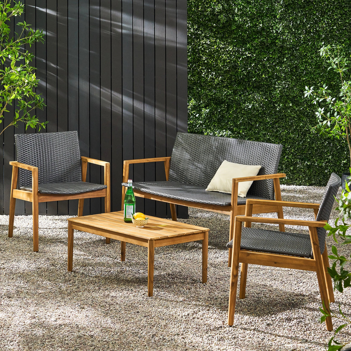Remuda Wicker Wood and 4 Outdoor Teak Acacia Chat Seater , and Gray