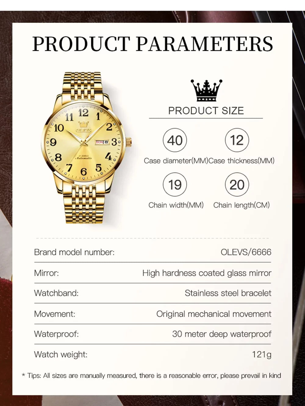 Winding Large Self Para Face Men Wristwatch for Gifts OLEVS Hombre, Numerals Dial Waterproof Easy Adult for Watch Male Reader Reloj Men, Gold Arabic