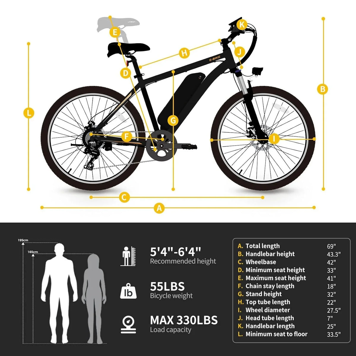 Electric Yoloway Adults, Mountain Brushless Bike Front Ebike Removable Suspension, 7-Speed 27.5" for EB5 480Wh Battery, 500W Electric Motor PLUS with Bike with Fork