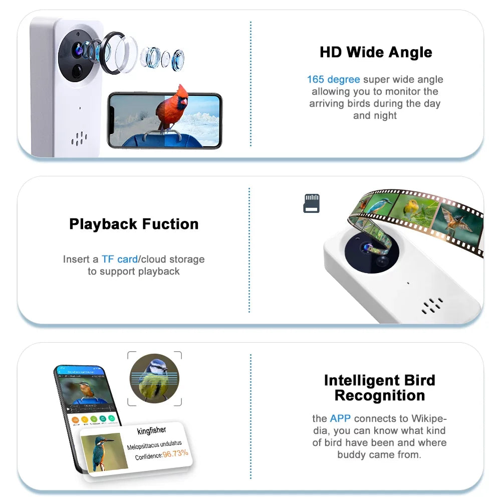 Sensing, Bird Notification, Camera, AI Wild Smart Rechargeable Bird Outdoor Battery , Bird App Feeder Recognition Bird Automatic with House+ Feeder,