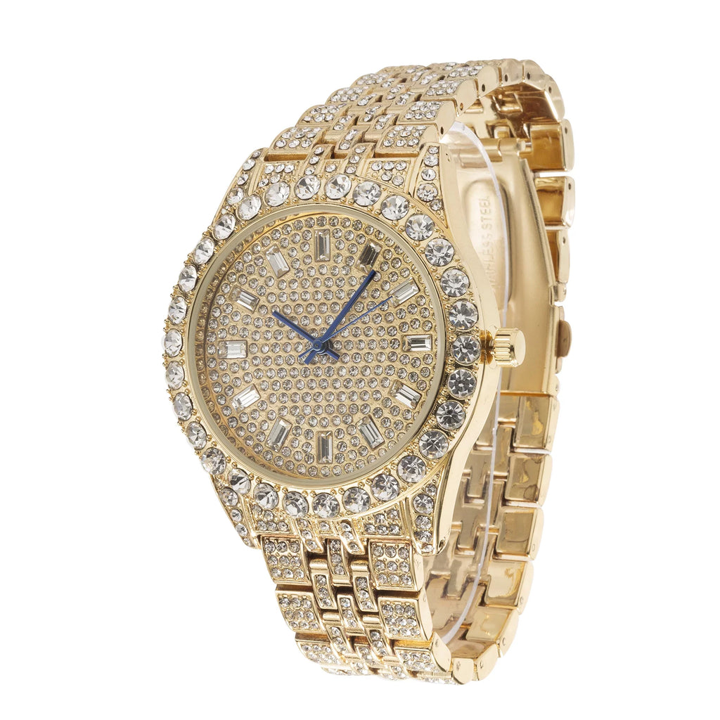 Look BGS Designer Indicators - - Gold) Baguette Dial Mens - Time on Hip Trim on Metal and Rhinestones Single Blinged Elegant Hop (Gold Out ST10226 Big Master Raymond Charles Timepiece