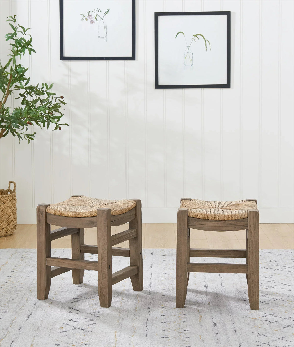 Two Newport with Stools 18"H Wood of Rush Alaterre Seats Set