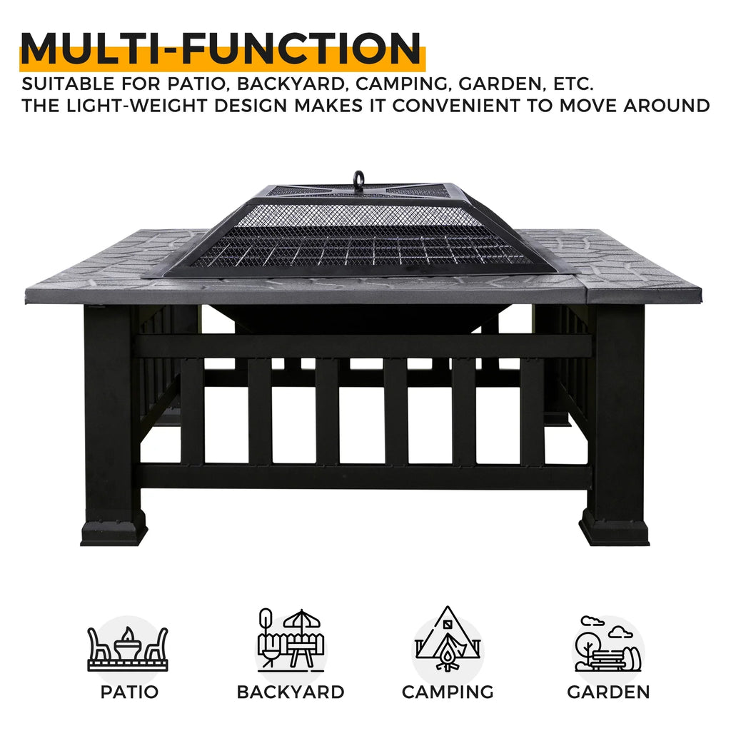 Patio Square Log Metal Garden BBQ Fire Cover, Screen, Table Pit 3 32in and Table with Firepit Multifunctional Stove Grate in Kmowoo Poker Spark 1