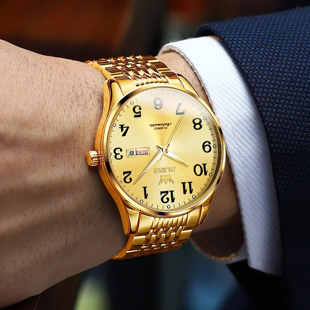 Winding Large Self Para Face Men Wristwatch for Gifts OLEVS Hombre, Numerals Dial Waterproof Easy Adult for Watch Male Reader Reloj Men, Gold Arabic