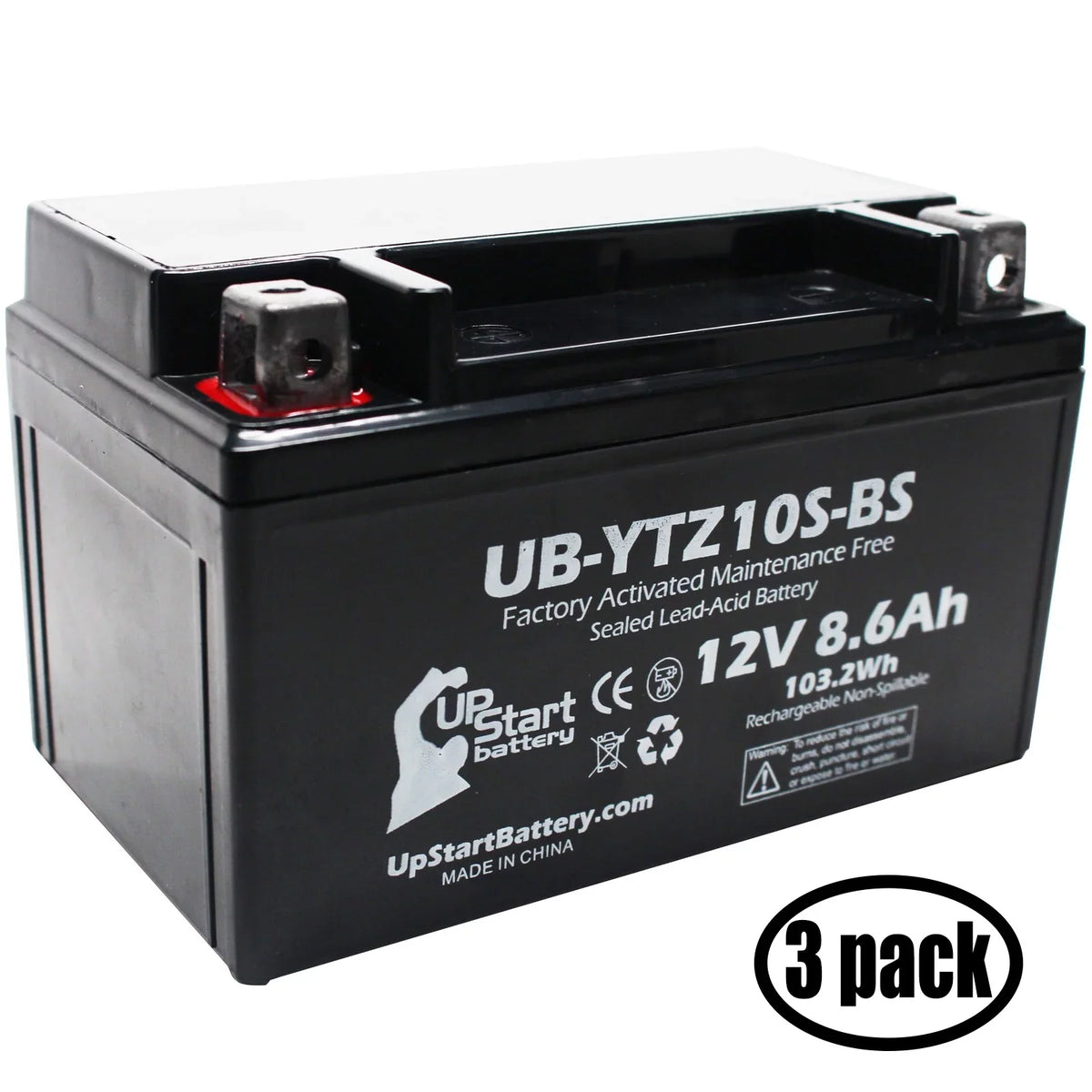 Yamaha Factory YZF-R1 UpStart Activated, 2011 for Motorcycle Replacement Free, UB-YTZ10S-BS Maintenance 8.6Ah, 1000CC Battery - 3-Pack Battery 12V,