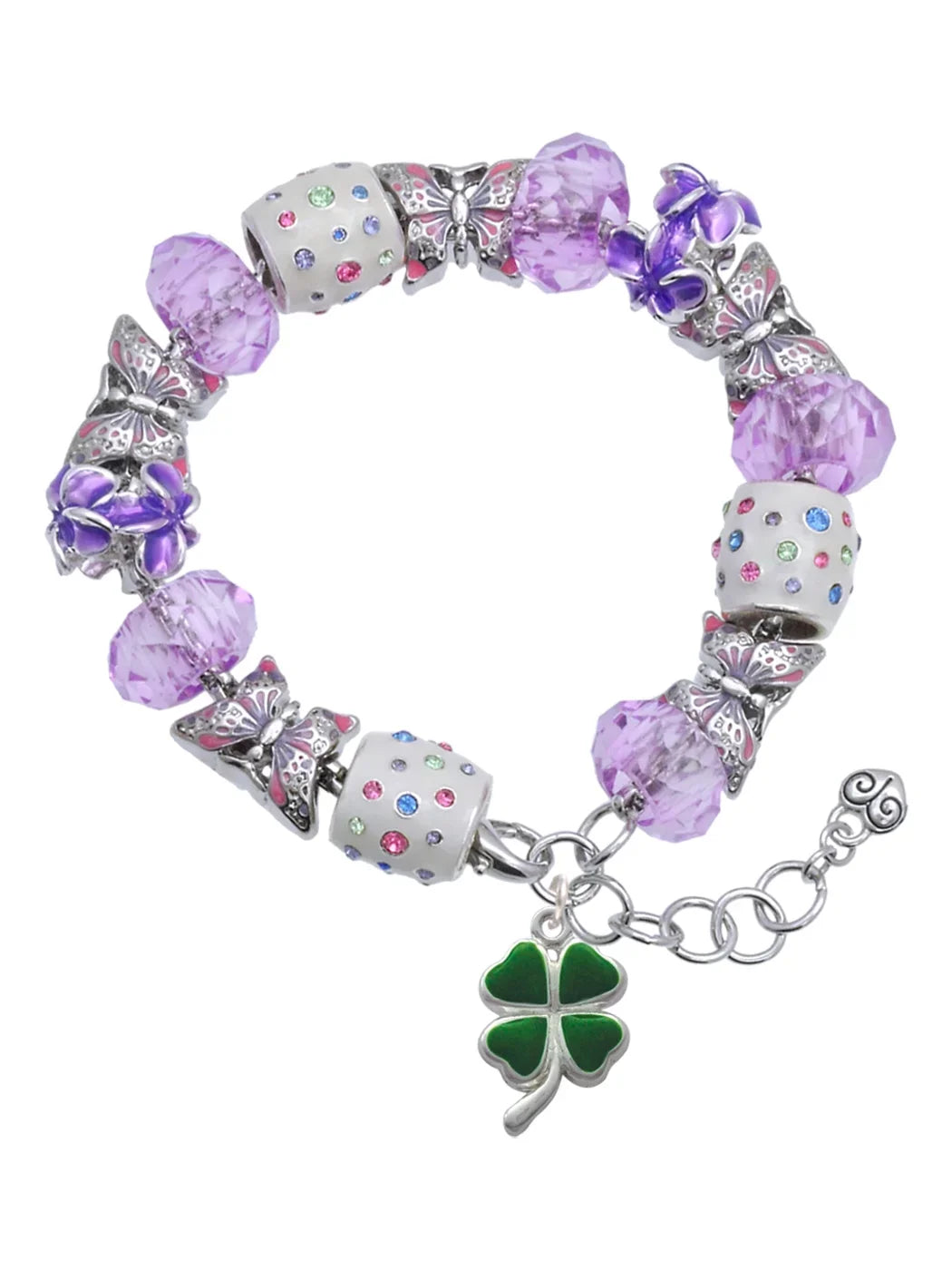 Green Delight Bracelet, Bead Heart Butterfly Four with Extender Leaf Jewelry Leaves Silvertone Charm Purple Clover 7"+1"