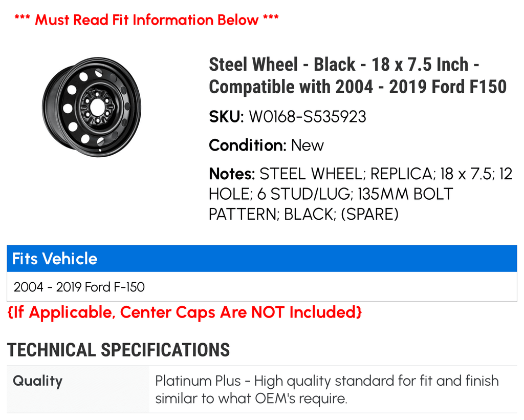 x F150 2019 Ford with Steel 2014 7.5 - Wheel - Black 2005 2018 2004 - 2011 2010 2017 2012 2008 2016 Compatible Inch 18 2015 - 2007 2009 2006 2013