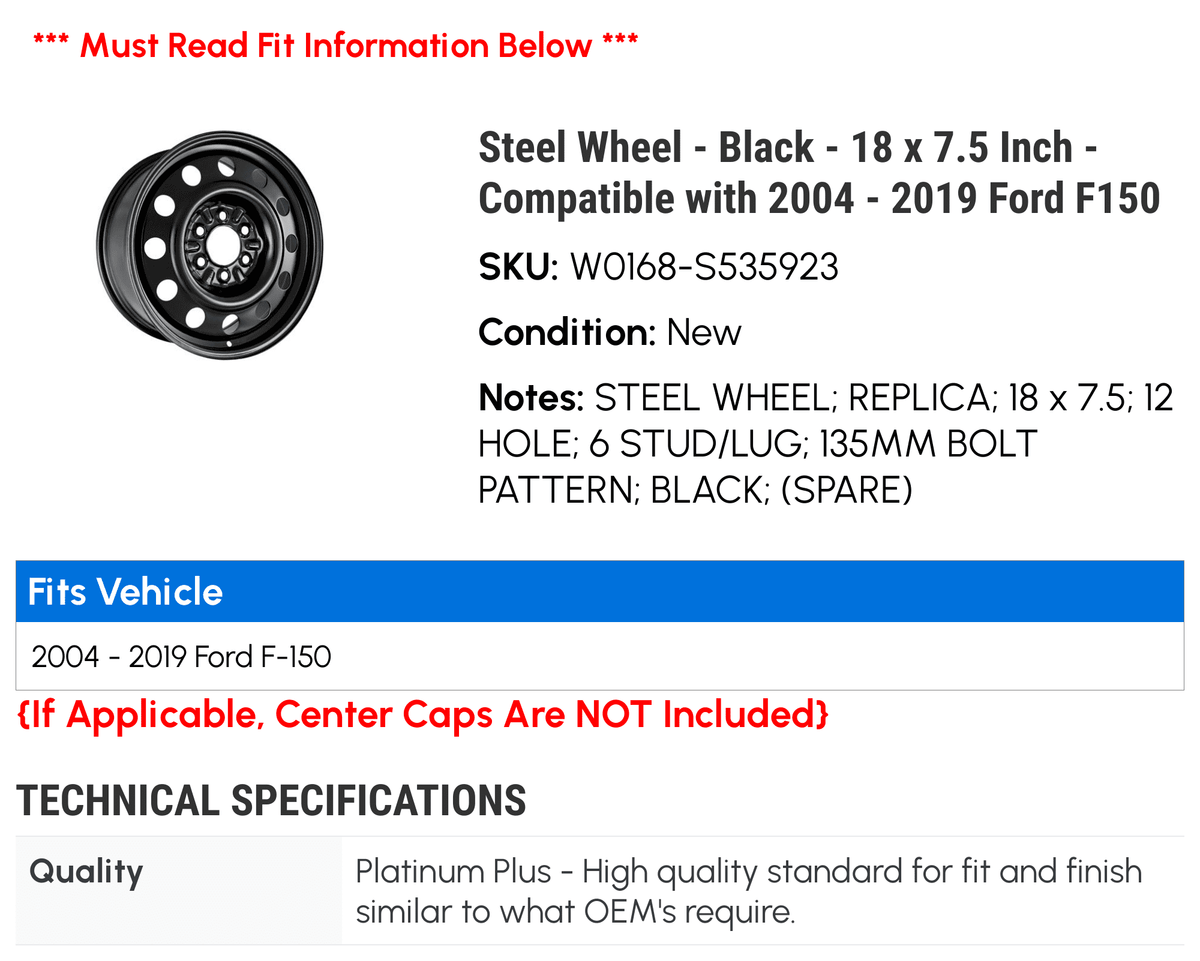 x F150 2019 Ford with Steel 2014 7.5 - Wheel - Black 2005 2018 2004 - 2011 2010 2017 2012 2008 2016 Compatible Inch 18 2015 - 2007 2009 2006 2013