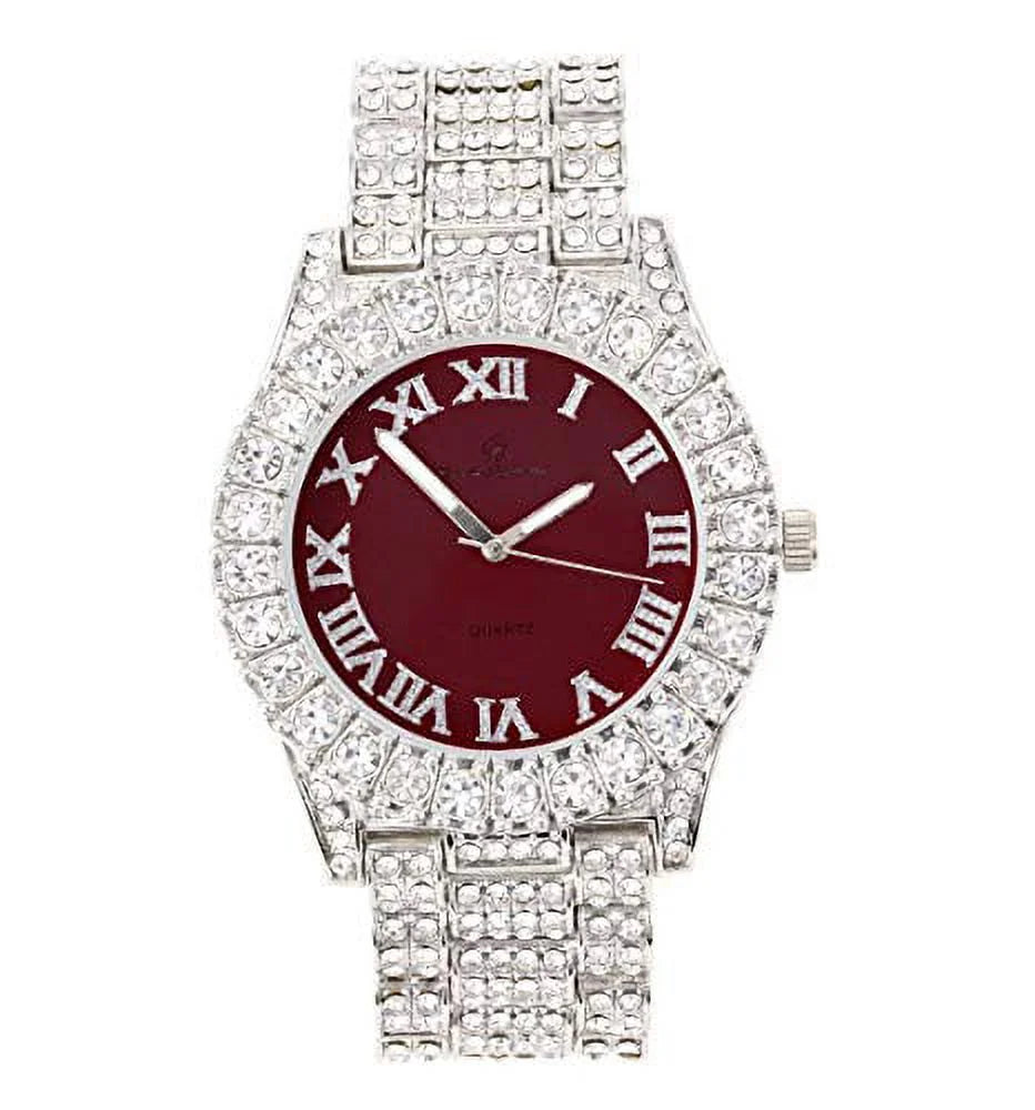 '- Blinged Burgundy) Big Charles Bracelet Numerals ST10327LA Hop Roman Rocks Dial Bezel - Iced Women's Out Set Fully with Hip Tennis Wristwatch Colored Raymond and Silver Out Sparkling (TLA