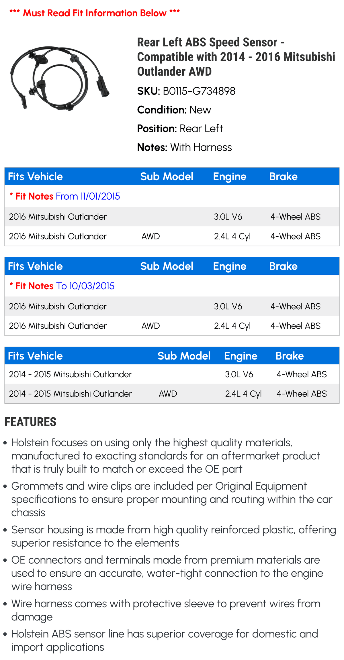 2015 Mitsubishi Rear Left Outlander - Compatible - 2014 2016 Speed with Sensor ABS AWD