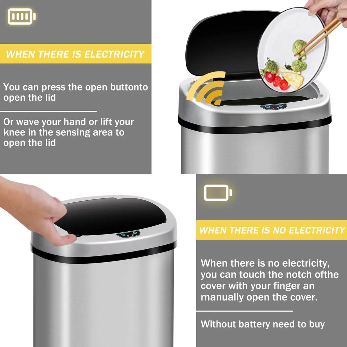Lid, Can Anti-Fingerprint Touch-Free Kitchen Home, 13 Mute Stainless NiamVelo Gallon Sensor, Can with Automatic Bin for Waste & Designed Garbage Silver Trash Motion with Steel Office