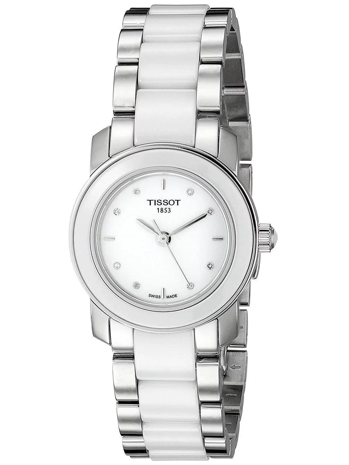 Tissot T-Trend Steel Tone Women's Quartz T064.210.22.016.00 Two Ceramic Watch White Dial Case Band 28mm