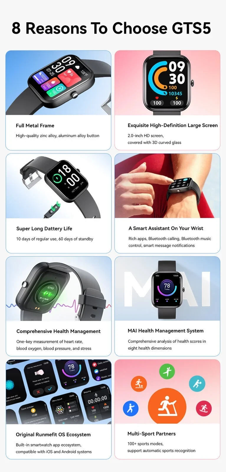 iOS GTS5 Fitness Smart Pressure Women Tracker for Blood Black and Watch Men Android