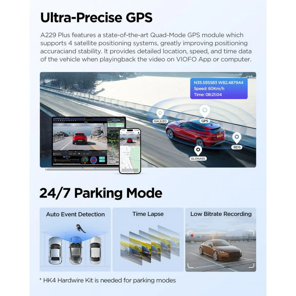 with A229 QHD Support Max Voice 2, VIOFO Cam 2-Channel Dash 2K/2K Wi-Fi, Control, GPS, Mode, Plus STARVIS 512GB Parking