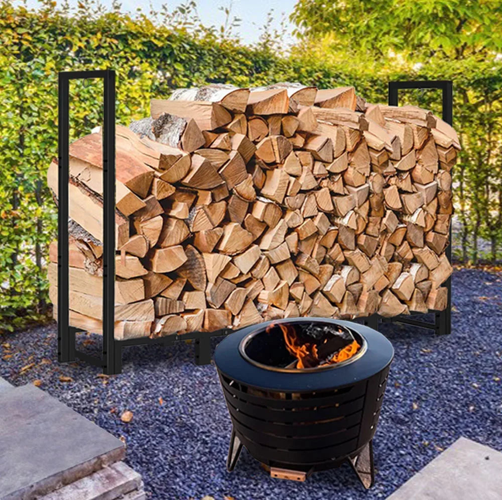 Stand, Fire 8Ft Outdoor Log Fireplace Rack for Wood Stacker Black Koutemie Storage, Holder Adjustable Firewood