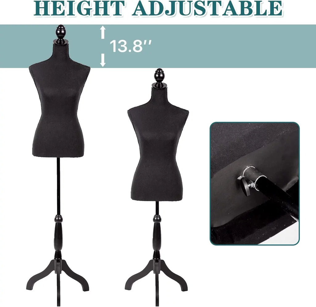 Body Form Black with Wooden Adjustable Height Female Mannequin Dress Model Inch Torso 60-67 Tripod Base, NiamVelo